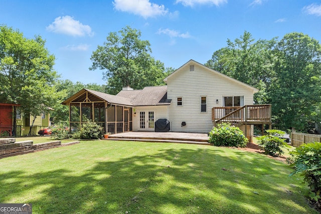 4829 Caboose Ln NW, Acworth, GA 30102 - back of house with a sunroom, a wooden deck, a yard, french doors, and a shingled roof