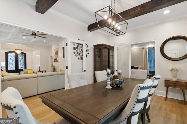 896 Bobby Jones Dr, Dublin, GA 31021 - dining space with a chandelier, beamed ceiling, light wood-type flooring, crown molding, and recessed lighting