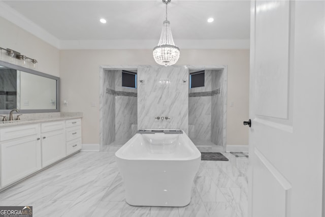 896 Bobby Jones Dr, Dublin, GA 31021 - full bathroom featuring vanity, a soaking tub, marble finish flooring, a marble finish shower, and recessed lighting