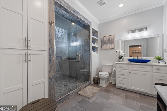 896 Bobby Jones Dr, Dublin, GA 31021 - bathroom with vanity, crown molding, and a shower stall