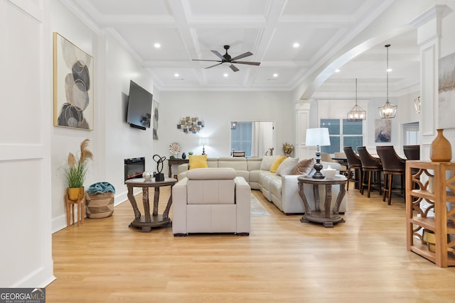 896 Bobby Jones Dr, Dublin, GA 31021 - living room with ceiling fan, light wood finished floors, recessed lighting, coffered ceiling, and decorative columns