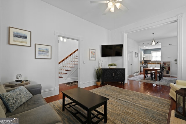 303 W 39th St, Savannah, GA 31405 - living area with stairs, a ceiling fan, and wood finished floors