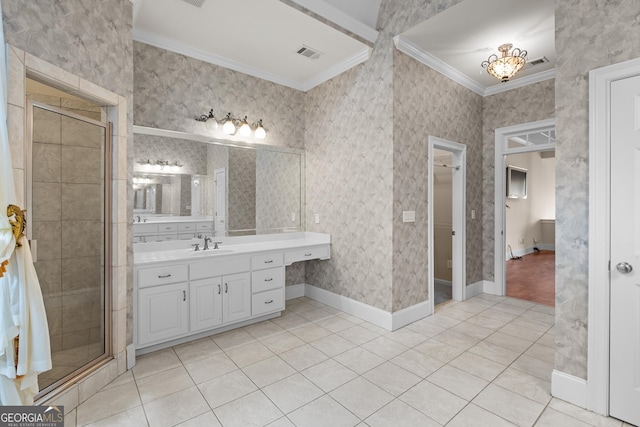 1005 Lyndhurst Way SE, Conyers, GA 30013 - bathroom featuring crown molding, tile patterned flooring, vanity, and a stall shower