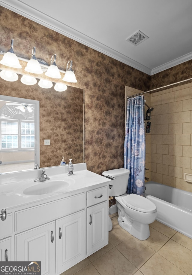 1005 Lyndhurst Way SE, Conyers, GA 30013 - bathroom with tile patterned floors, vanity, shower / tub combo with curtain, and crown molding