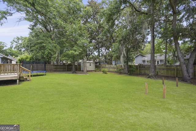 126 S Sheftall Cir, Savannah, GA 31410 - fenced backyard with a storage shed, a trampoline, and a deck