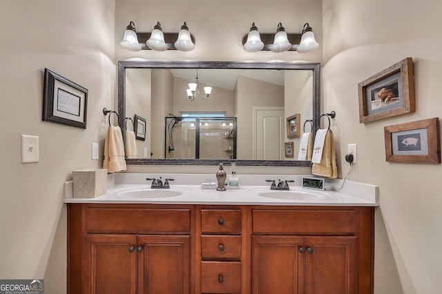 236 Creek View Ln, Acworth, GA 30102 - full bath with double vanity, a stall shower, and a chandelier