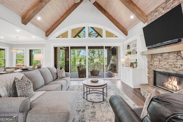 123 River Point Rd, Jackson, GA 30233 - living room featuring wood finished floors, a wood ceiling with exposed beams, a stone fireplace, high vaulted ceiling, and recessed lighting