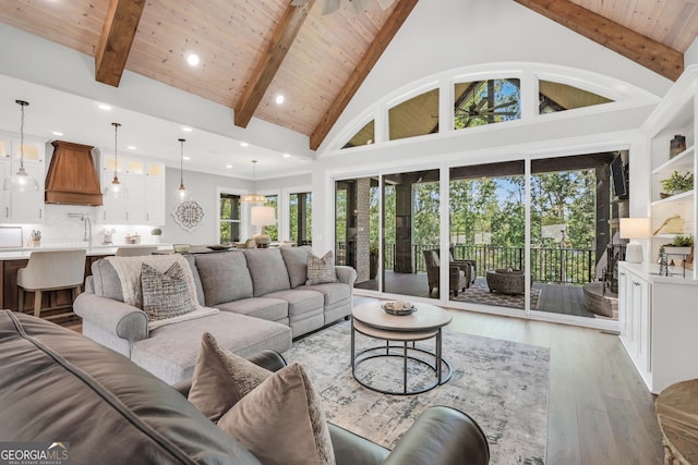 123 River Point Rd, Jackson, GA 30233 - living area with light wood-style floors, a wooden ceiling with exposed beams, high vaulted ceiling, and recessed lighting