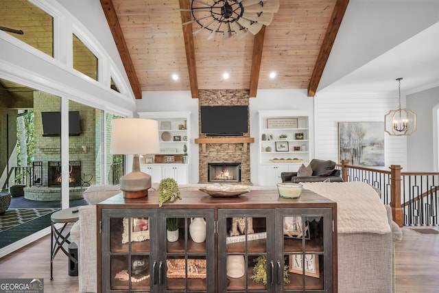 123 River Point Rd, Jackson, GA 30233 - living room featuring a fireplace, wood finished floors, wood ceiling, a ceiling fan, and a chandelier