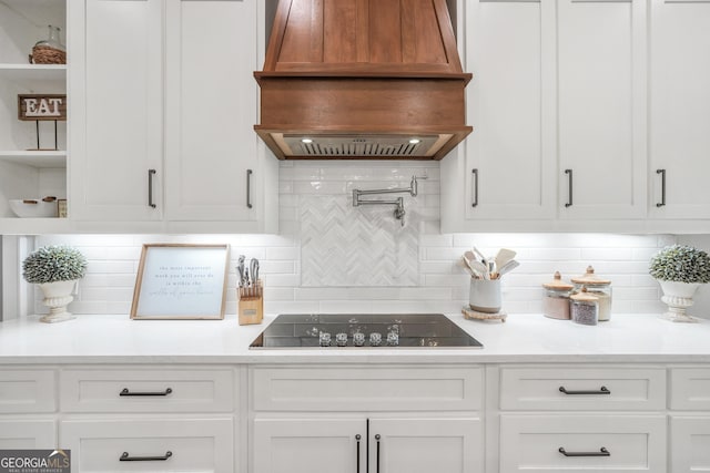 123 River Point Rd, Jackson, GA 30233 - kitchen with premium range hood, open shelves, black electric cooktop, decorative backsplash, and light countertops