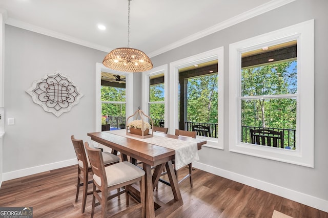 123 River Point Rd, Jackson, GA 30233 - dining space featuring a chandelier, crown molding, plenty of natural light, dark wood-type flooring, and recessed lighting