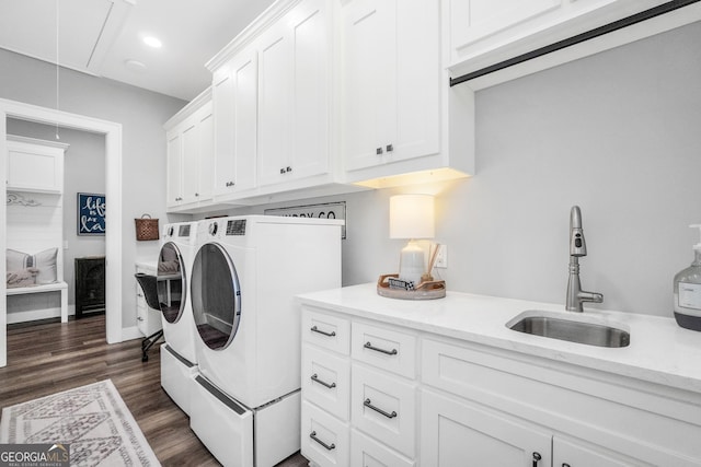 123 River Point Rd, Jackson, GA 30233 - laundry room featuring cabinet space, washing machine and dryer, attic access, dark wood-type flooring, and recessed lighting