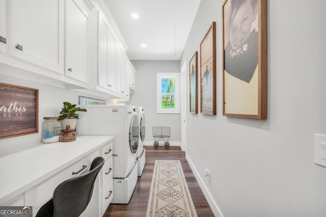 123 River Point Rd, Jackson, GA 30233 - laundry area featuring washer and clothes dryer, dark wood-style floors, cabinet space, and recessed lighting