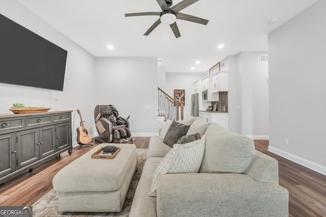 123 River Point Rd, Jackson, GA 30233 - living area featuring a ceiling fan, stairway, dark wood-style floors, and recessed lighting