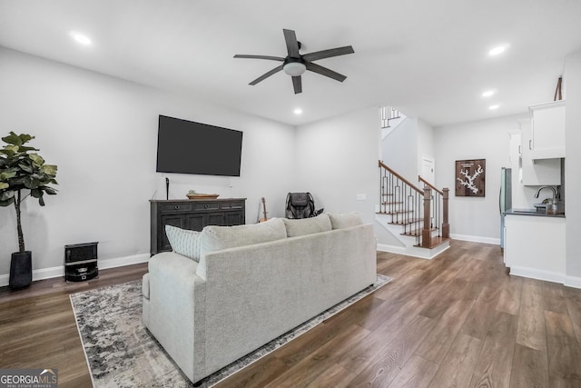 123 River Point Rd, Jackson, GA 30233 - living room featuring ceiling fan, stairs, dark wood finished floors, and recessed lighting