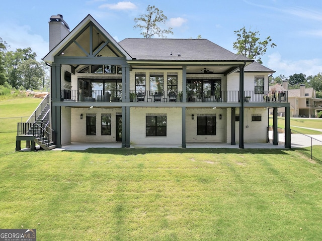123 River Point Rd, Jackson, GA 30233 - rear view of house featuring a patio, a yard, a chimney, and stairway