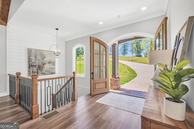 123 River Point Rd, Jackson, GA 30233 - entrance foyer featuring wood finished floors, a chandelier, recessed lighting, and crown molding