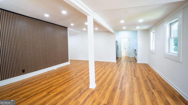 220 Confederate Ave, Dallas, GA 30132 - below grade area featuring wood finished floors, recessed lighting, and stainless steel fridge