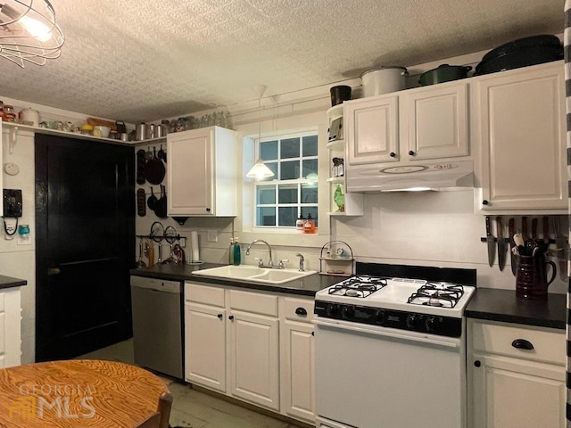 kitchen with white cabinets, white gas range oven, stainless steel dishwasher, and sink