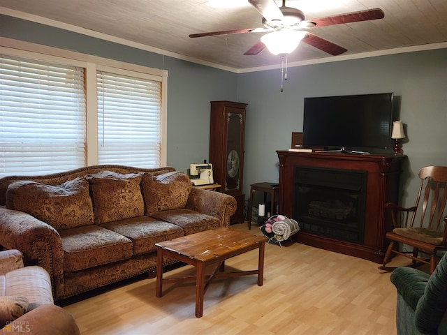 living room featuring ornamental molding, light hardwood / wood-style floors, and ceiling fan