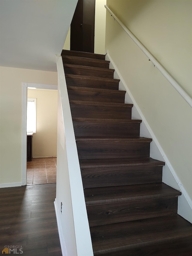 stairs with dark hardwood / wood-style flooring