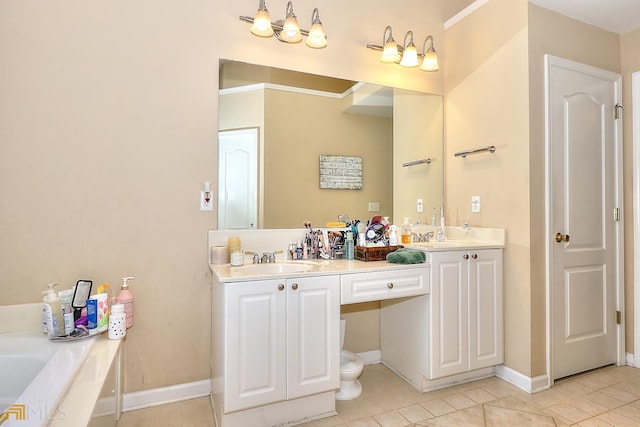 bathroom featuring a washtub, vanity with extensive cabinet space, ornamental molding, dual sinks, and tile flooring