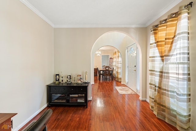 corridor featuring dark hardwood / wood-style flooring and crown molding