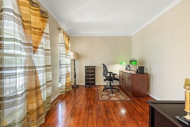 office with crown molding and dark hardwood / wood-style floors