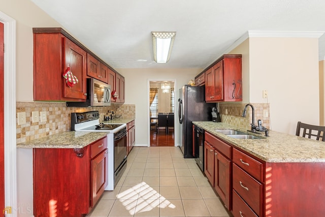 kitchen featuring sink, ornamental molding, white electric range oven, light hardwood / wood-style flooring, and tasteful backsplash