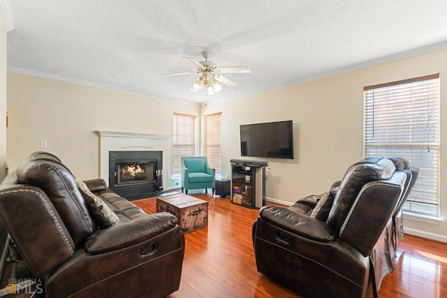 living room featuring crown molding, hardwood / wood-style floors, ceiling fan, and a wealth of natural light