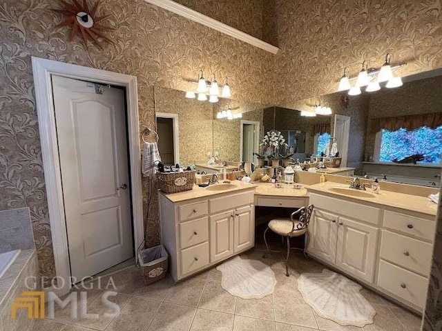 bathroom with a bath, tile flooring, and dual bowl vanity