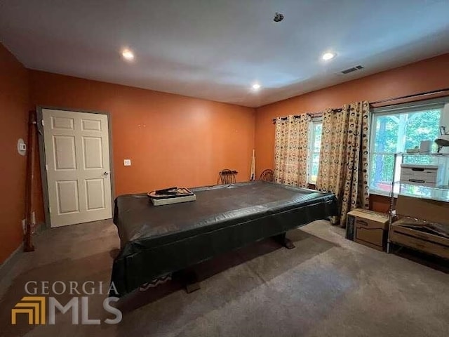 game room with dark carpet and pool table