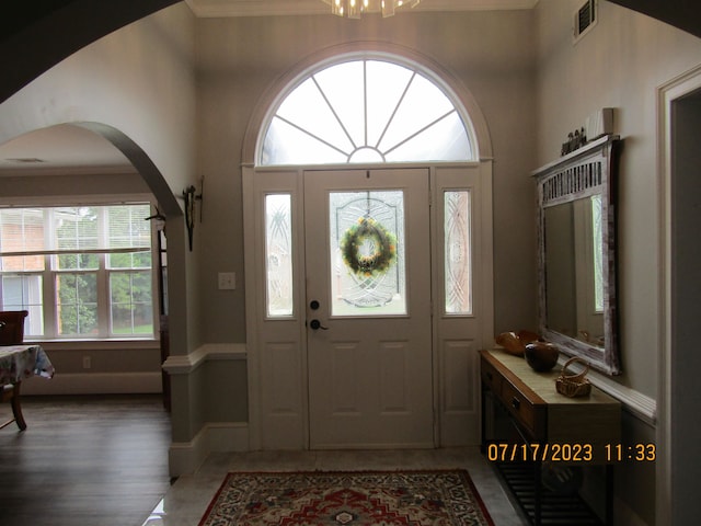 foyer featuring a notable chandelier, plenty of natural light, and dark hardwood / wood-style flooring