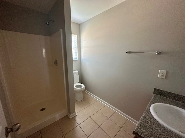 bathroom with walk in shower, tile floors, toilet, and vanity