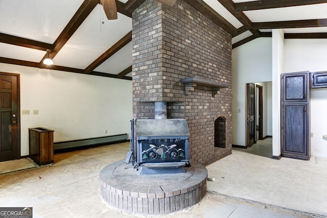 living room with ceiling fan, vaulted ceiling with beams, a wood stove, light tile floors, and a baseboard heating unit