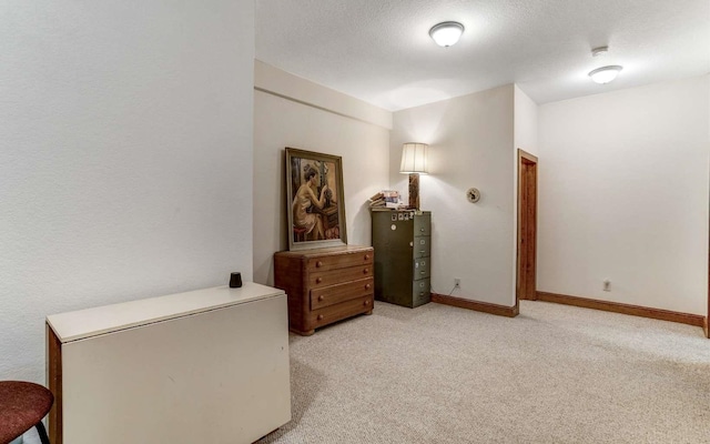 interior space featuring light colored carpet and a textured ceiling