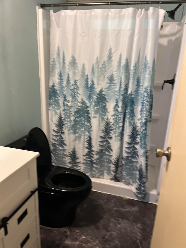 bathroom featuring toilet, curtained shower, and vanity