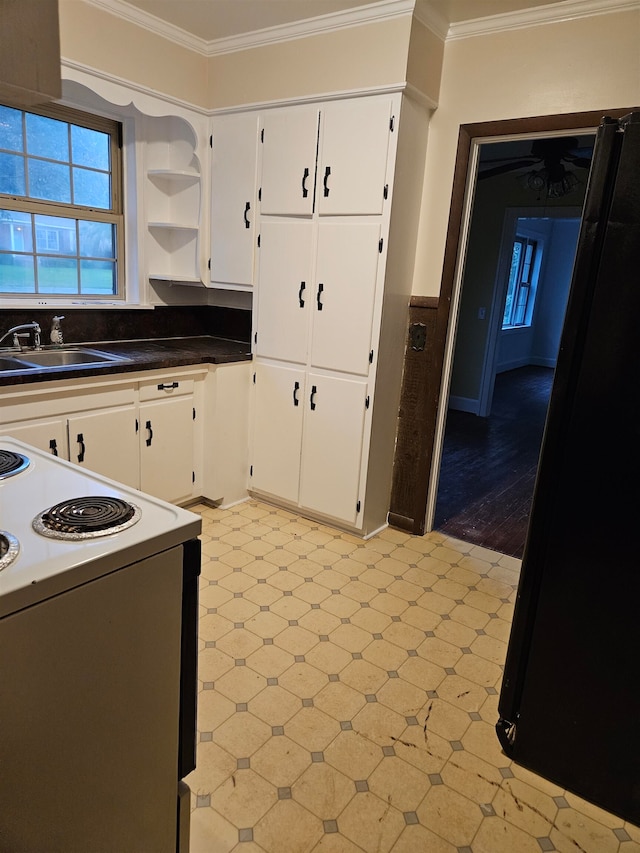 kitchen featuring sink, crown molding, white cabinets, light hardwood / wood-style floors, and electric stove