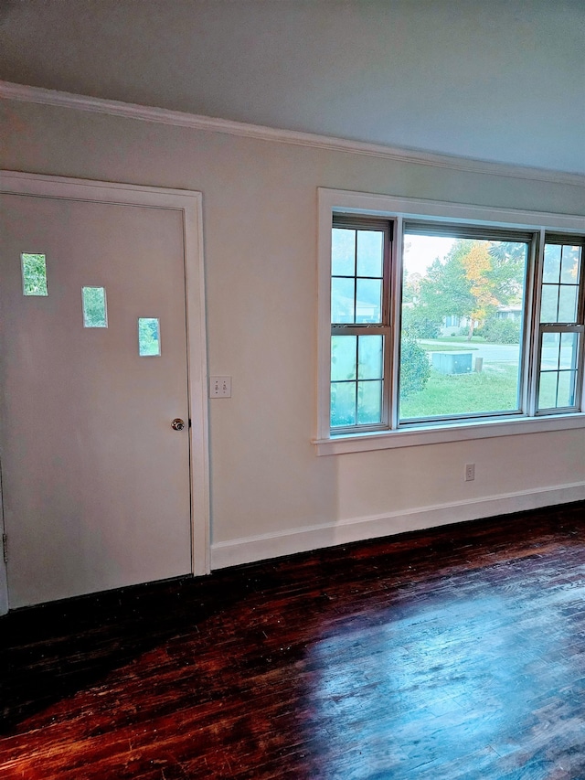 entrance foyer featuring crown molding and dark hardwood / wood-style flooring