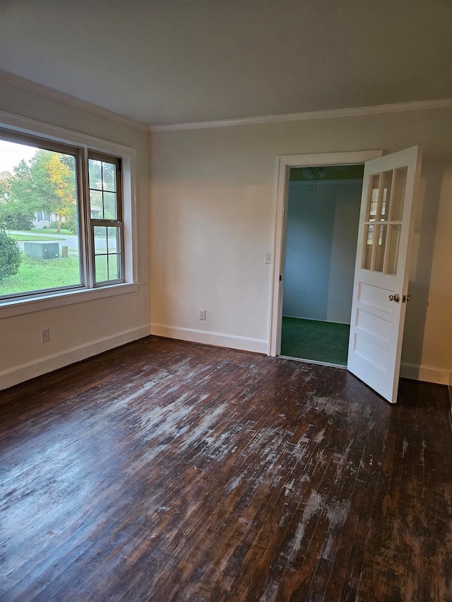 spare room featuring ornamental molding and dark wood-type flooring