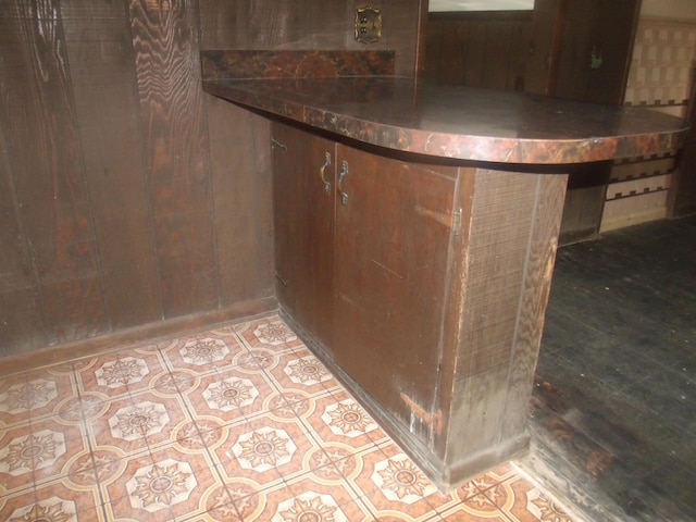 interior details featuring wooden walls and tile patterned flooring