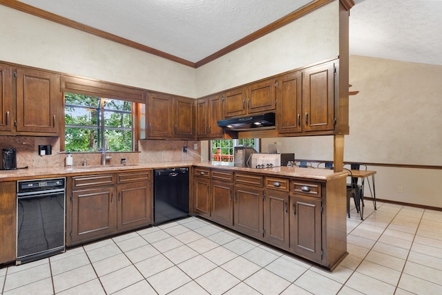 kitchen with light tile flooring, sink, black dishwasher, ventilation hood, and ornamental molding