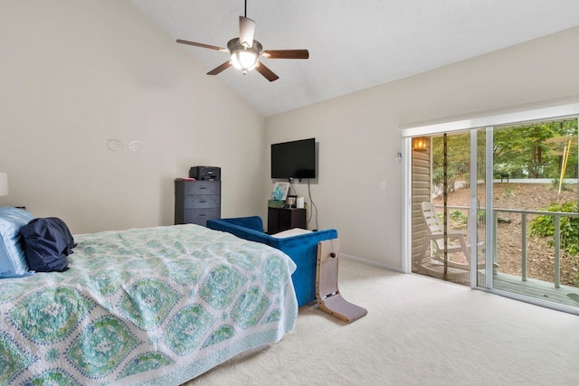 carpeted bedroom featuring ceiling fan, access to exterior, and high vaulted ceiling