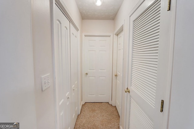 hall featuring light carpet and a textured ceiling