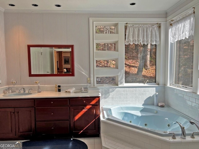 bathroom with double sink and vanity with extensive cabinet space