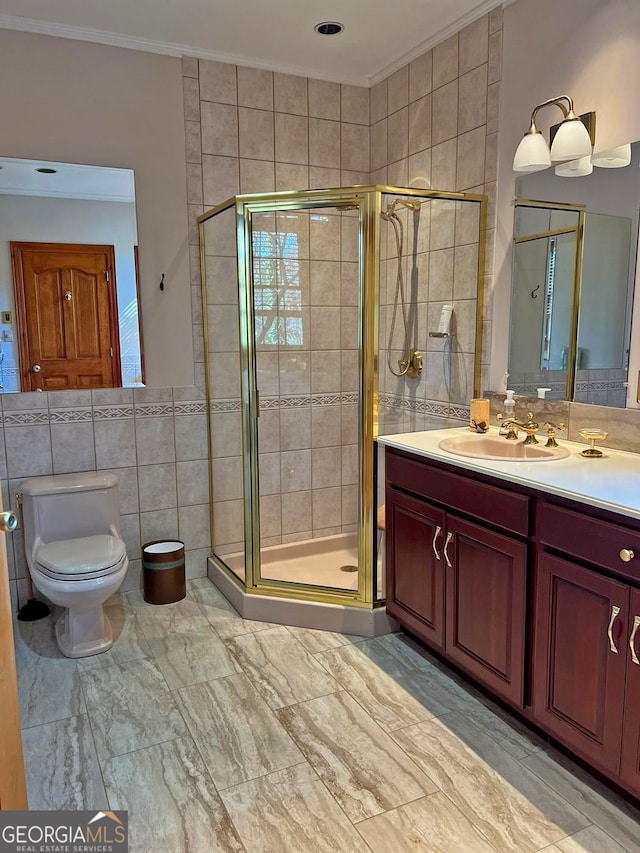 bathroom with walk in shower, tile walls, tile floors, and vanity