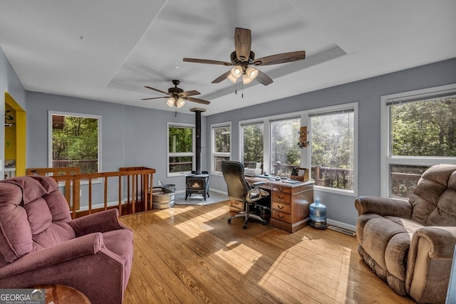 805 Quail Cove Cir, Warne, NC 28909 - office area with plenty of natural light, wood finished floors, a ceiling fan, and a tray ceiling