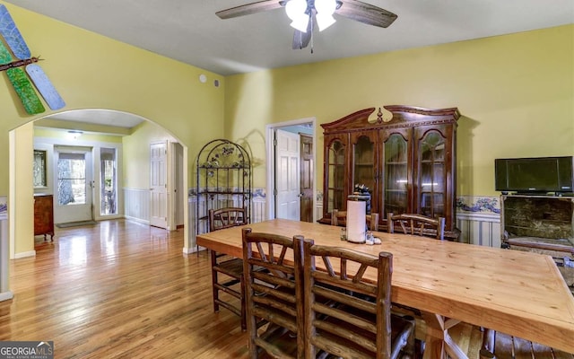 dining area featuring ceiling fan and light hardwood / wood-style flooring