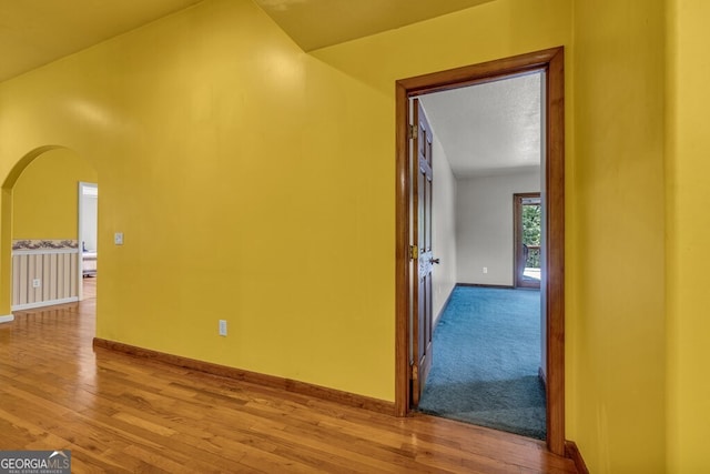 805 Quail Cove Cir, Warne, NC 28909 - hallway featuring arched walkways, wood finished floors, and baseboards