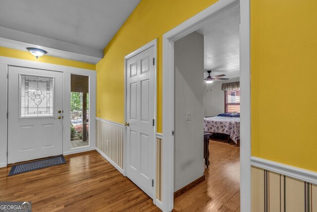 805 Quail Cove Cir, Warne, NC 28909 - foyer with plenty of natural light, wood finished floors, ceiling fan, and a wainscoted wall